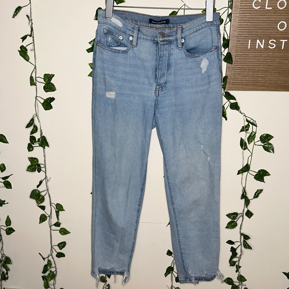 Calvin Klein Jeans High Rise Straight Slightly Ripped Distressed Jeans